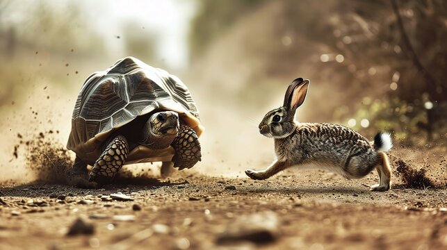 tortoise leading in a hare race in strategy and leadership concept