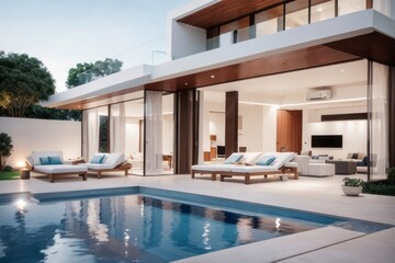 Fototapeta premium Residential architecture exterior home design of modern villa with pool and white wall