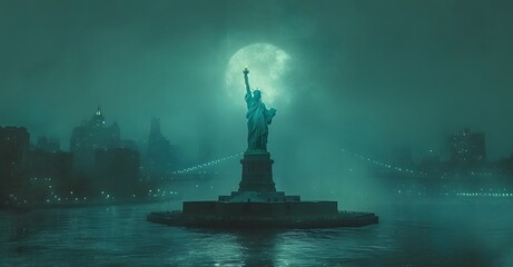 statue of liberty shining at night on a city - obrazy, fototapety, plakaty