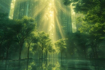 sun is shining down on a green building. sun rays through the forest