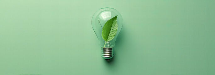 
light bulb with one green leaf inside it. Floating on pastel green background