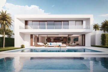 Fototapeta premium Residential architecture exterior home design of modern villa with pool and white wall