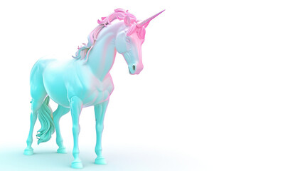 A pink and blue unicorn standing next to a white background. Copy-space, place for text