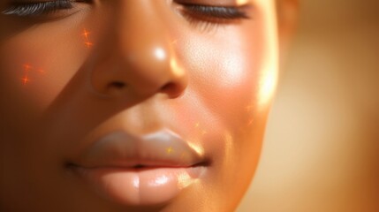 Closeup of a persons cheek with the skin analysis app displaying a visual representation of sun damage and age spots. - obrazy, fototapety, plakaty