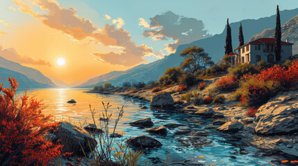 A small house is situated on the edge of a lake.  The sky is orange and the sun is setting, creating a beautiful scene.  A river  flows through the scene, with  rocks  and  bushes  on both sides of 