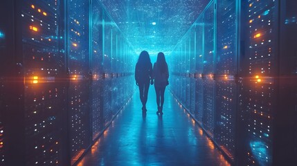 two people look at the computers in the data center. silhouette of a professional person in a corridor blue binary code - obrazy, fototapety, plakaty