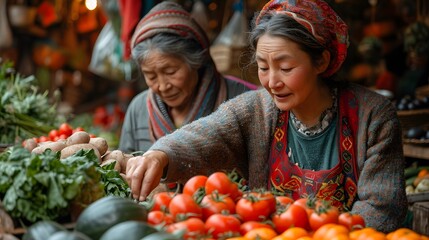 two people in a market looking at fruit and vegetables. person with vegetables