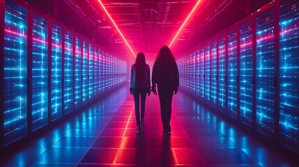 two people walking through a data center server room. background of a tunnel