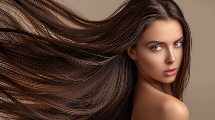 Beautiful model girl with shiny brown straight long hair . Care and hair products .
