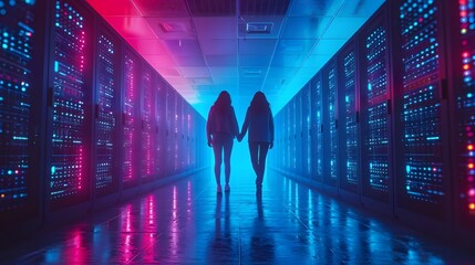 two people walking through a data center server room. background with code
