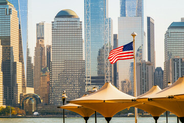 USA flag. New York urban city. NYC skyline. Urban landscape. Downtown New York. Urban life in New York. New York 5th Ave.