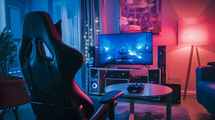 photography of a gamer room with colorful RGB LED, games and technology. video gaming in the living room