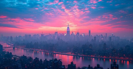 view of new york city skyline at sunset. sunrise over the river