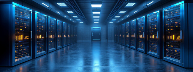 Rows of Servers in a Large Data Center Hallway