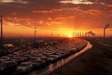 Fototapeta premium Urban traffic congestion during sunset. metropolis rush hour gridlock at highway junction