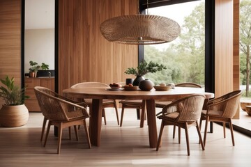 Scandinavian interior home design of modern dining room with chairs and wooden dining table with wooden furniture near the window