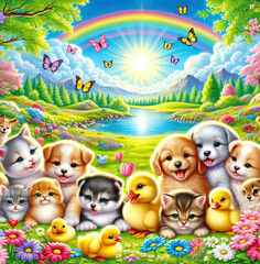 Obraz na płótnie Canvas Very cute funny happy animals with butterflies and a rainbow for postcards, books,printouts
