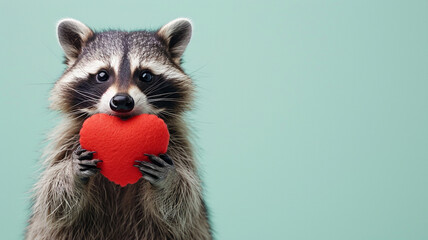 cute happy racoon placed a stuffed heart shape on the head isolated on pastel