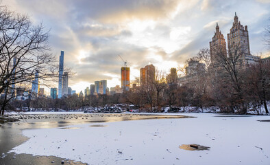Winter view at Upper West Side cityscape buildings at sunset from Central Park