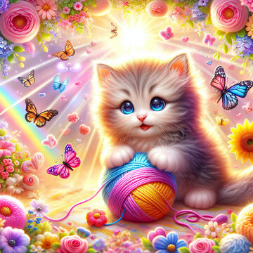 A very cute playing kitty surrounded with butterflies for postcards, books,printouts