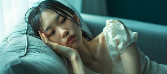 Asian model sleeping on the bed. beautiful asian woman model posing for conceptual photo. woman with black hair close up portrait