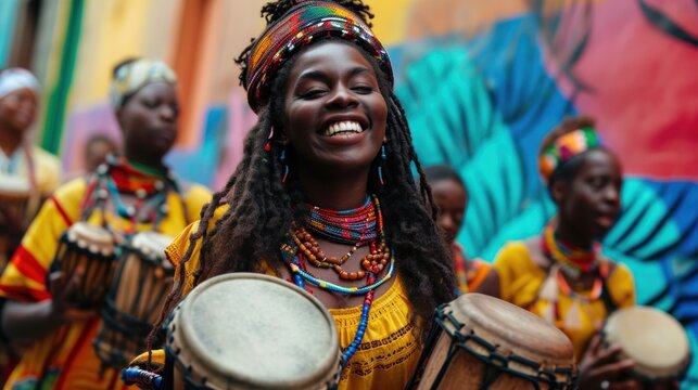 A woman in colorful clothing holding drums and smiling, AI