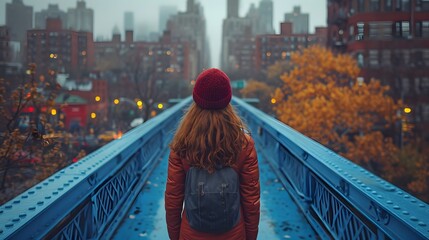 redhead woman on a bridge enjoying the view backview