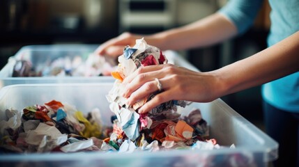 Closeup of a hand separating paper and plastic materials to be recycled into different bins.