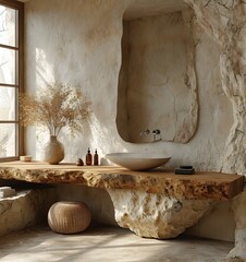 wooden shelf next to mirror in the style of photo. living room interior. old house in the village