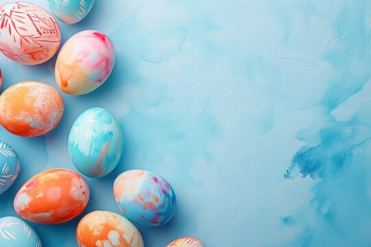 Illlustration of watercolor easter eggs on a plain light blue background with a copy paste space 