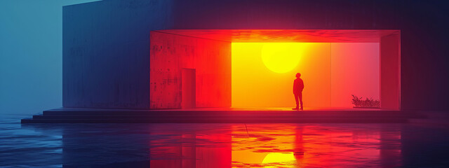 Person Standing in Brightly Lit Room With Open Door and Large Window