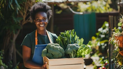 young black african american farmer wearing apron. person with vegetables in the garden