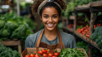 young black african american farmer wearing apron. person with vegetables in the garden