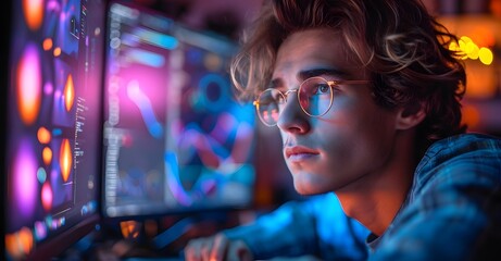 young man coding computer at home at nigh. portrait of a person with a laptop