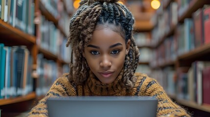 young black african woman in library writing with laptop. African woman studying for exam on a notebook