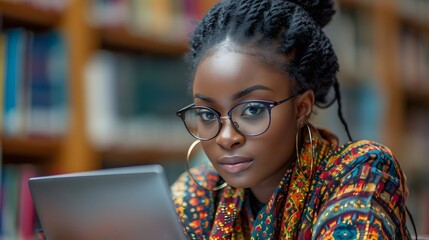 young black african woman in library writing with laptop. African woman studying for exam on a notebook