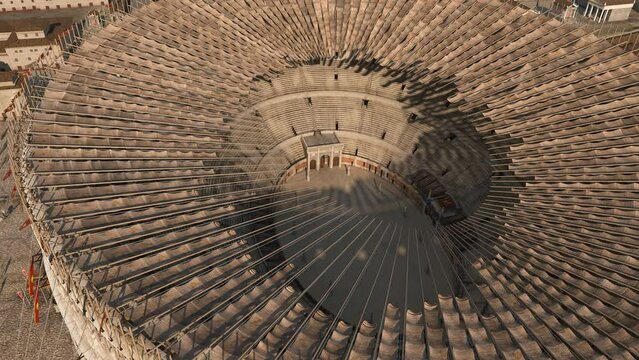 ancient roman colosseum scientific 3D reconstruction with animated detail of the velarium, roman forum and marketplace , flightover and birdsview of the city of rome