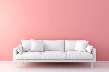 A sleek white modern sofa against the softness of a pastel pink wall. Light living room, simple decoration and contemporary sofa design in a delicate tone.