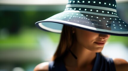 Closeup of a stylish hat with embedded sensors that can monitor UV exposure and provide realtime weather updates.