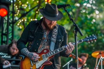 Obraz premium Man Wearing a Hat Playing an Electric Guitar Outdoors