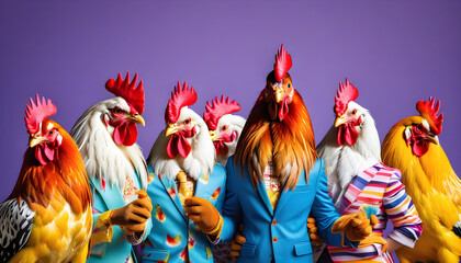 Rooster bird in a group, vibrant bright fashionable outfits isolated on solid background advertisement, copy text space. birthday party invite invitation banner created with generative ai	
