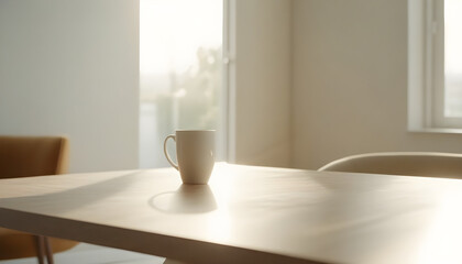 Empty wooden table in a clean, elegant modern indoor home interior