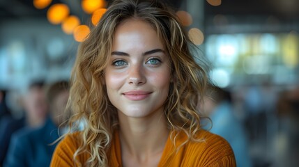 beautiful blonde model woman with green eyes looking at camera. woman company representative talking to group - obrazy, fototapety, plakaty