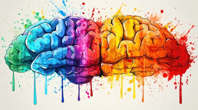 Two colorful brains with paint splatters on them, AI