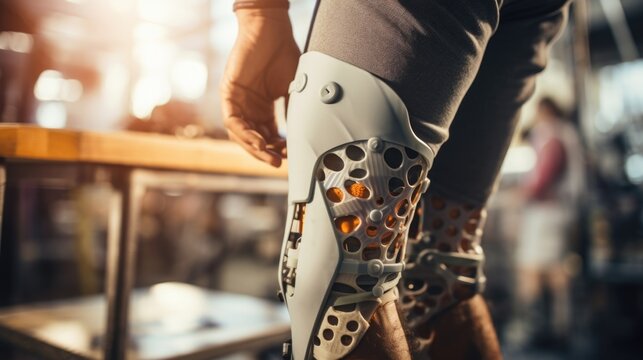 Up close image of a 3Dprinted prosthetic knee being aligned and tightened.