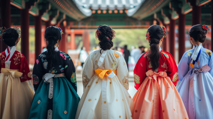 Beautiful back view of women wearing Hanbok, a traditional Korean costume.