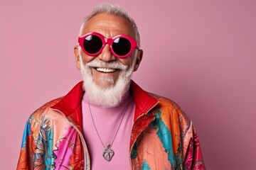 Portrait of a happy senior man in sunglasses and colorful jacket.