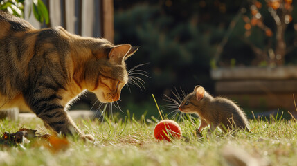 Unexpected Playmates: A Cat and Mouse Game in the Yard - obrazy, fototapety, plakaty