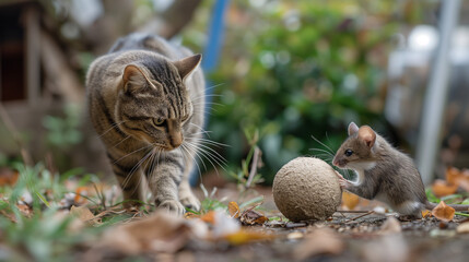 Unexpected Playmates: A Cat and Mouse Game in the Yard - obrazy, fototapety, plakaty