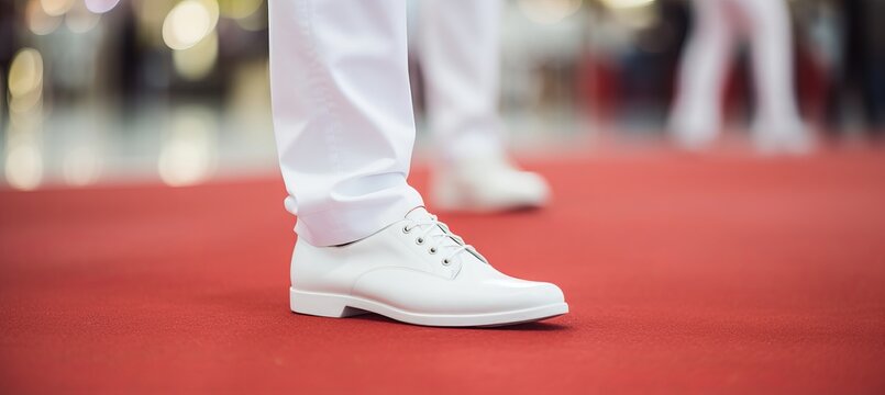 Elegant man in white fashion dress and high heels on red carpet at movie premiere event